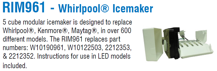 SUPCO RIM961 Replacement for Whirlpool Icemaker W10190961